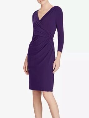 Lauren Ralph Lauren Plum Purple Faux Wrap Ruched Midi Dress 3/4 Sleeve Size 2